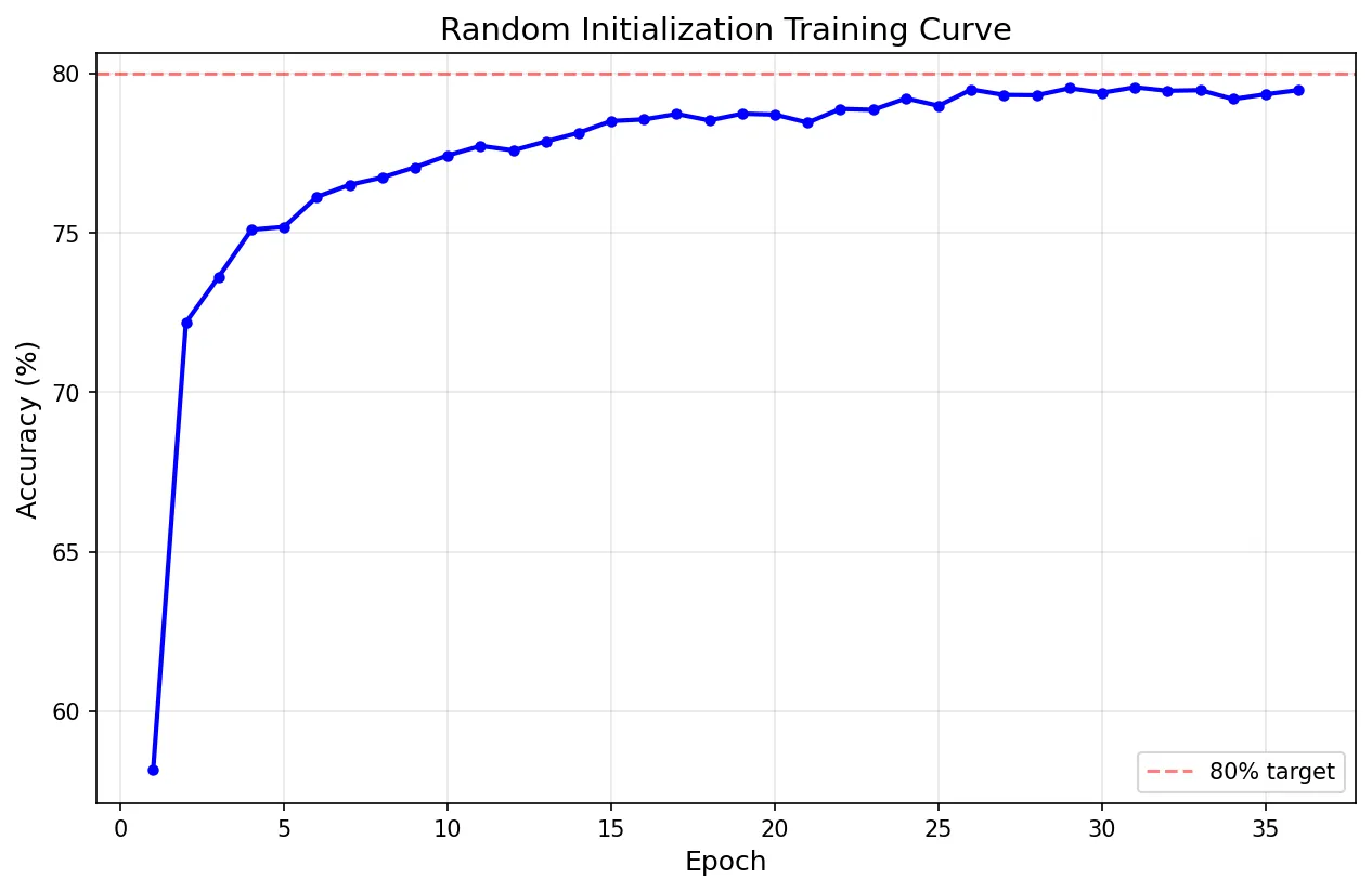 Training curve for the same sparse topology from a different random initialization, never reaching the accuracy target